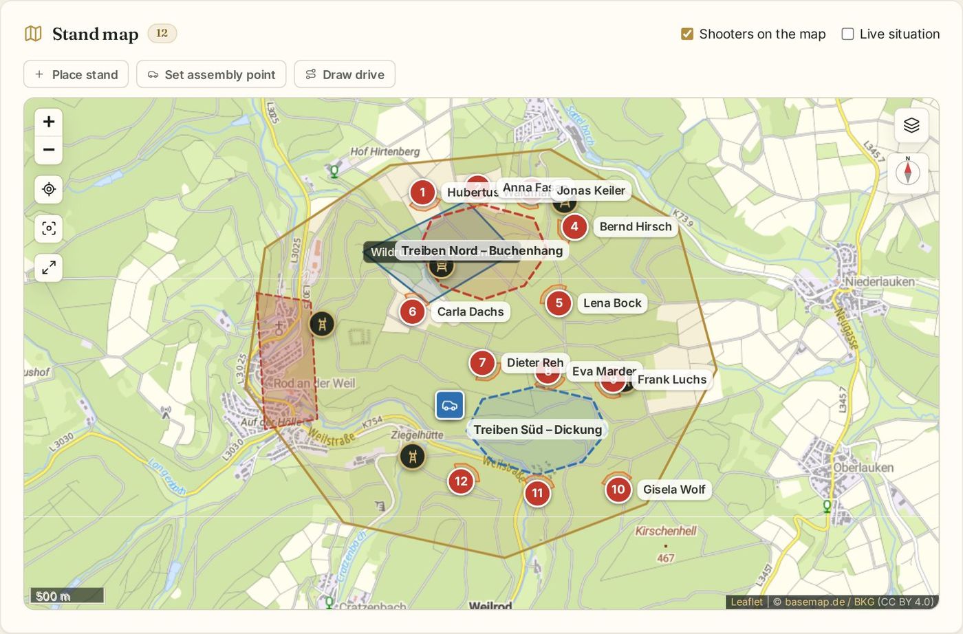 Stand map of a driven hunt with stands and drives
